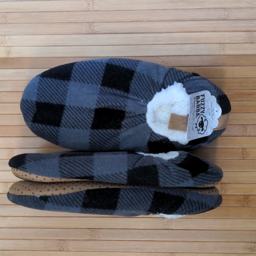 Buffalo Plaid Gray Black Fleece Slippers, TWO PAIRS, Size Med Large